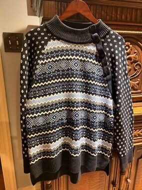 The Talbots Thermolite Wool Blend Mock Neck Fair Isle Blue Heavy Snap Button Col